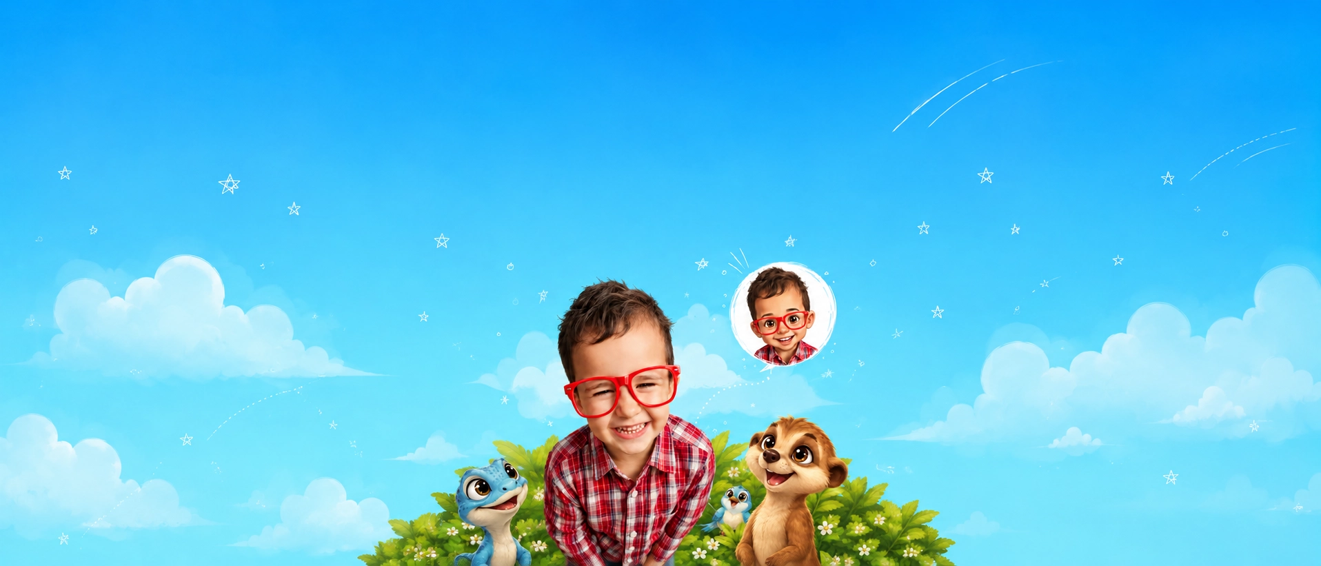 Boy in red glasses with storybook friends